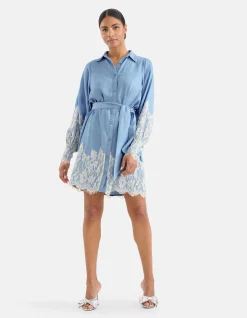 Denim Lace Mini Jurk Blauw