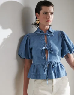 Denim Strik Top Blauw