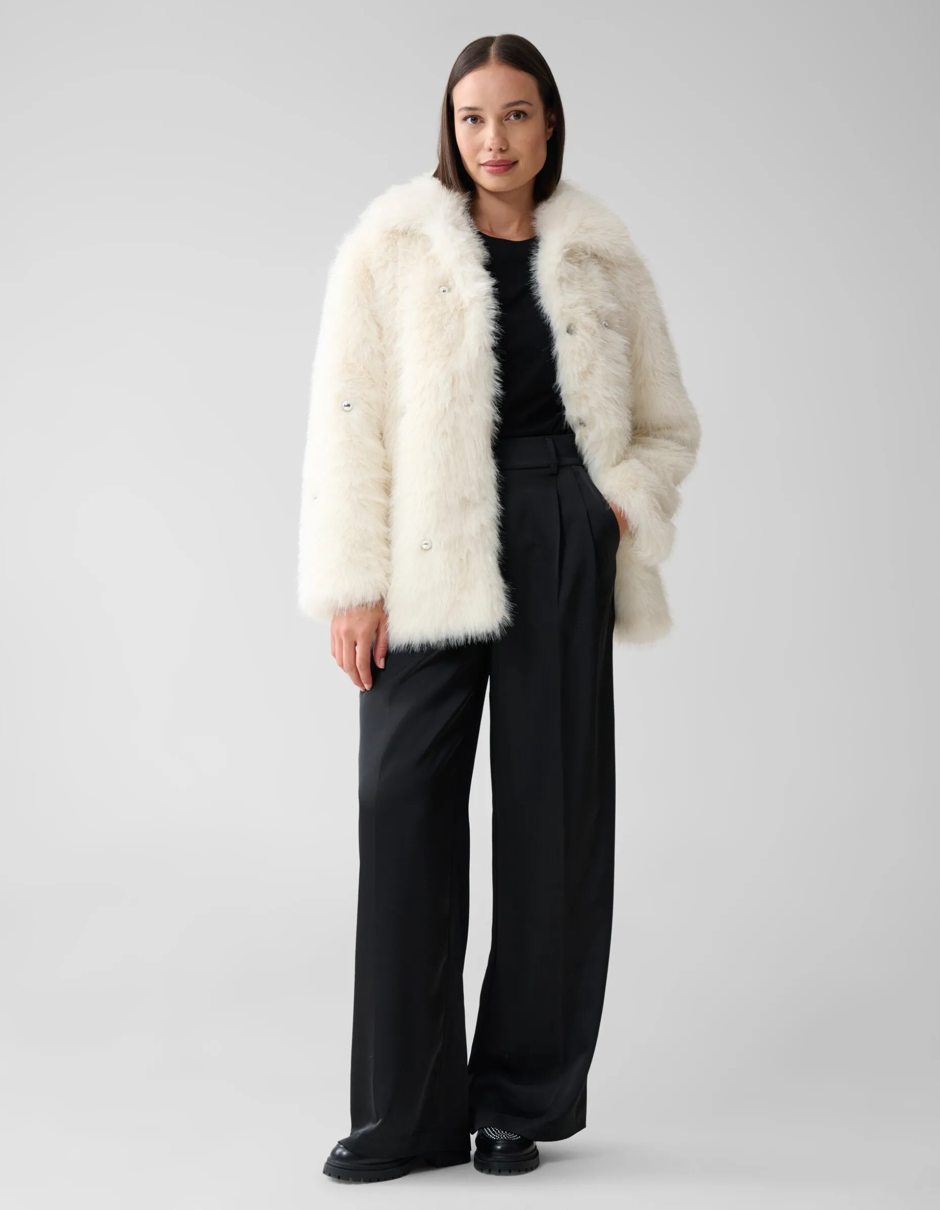 Embellished Fake Fur Jas Gebroken Wit