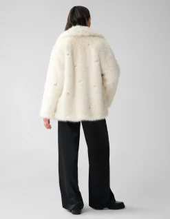 Embellished Fake Fur Jas Gebroken Wit