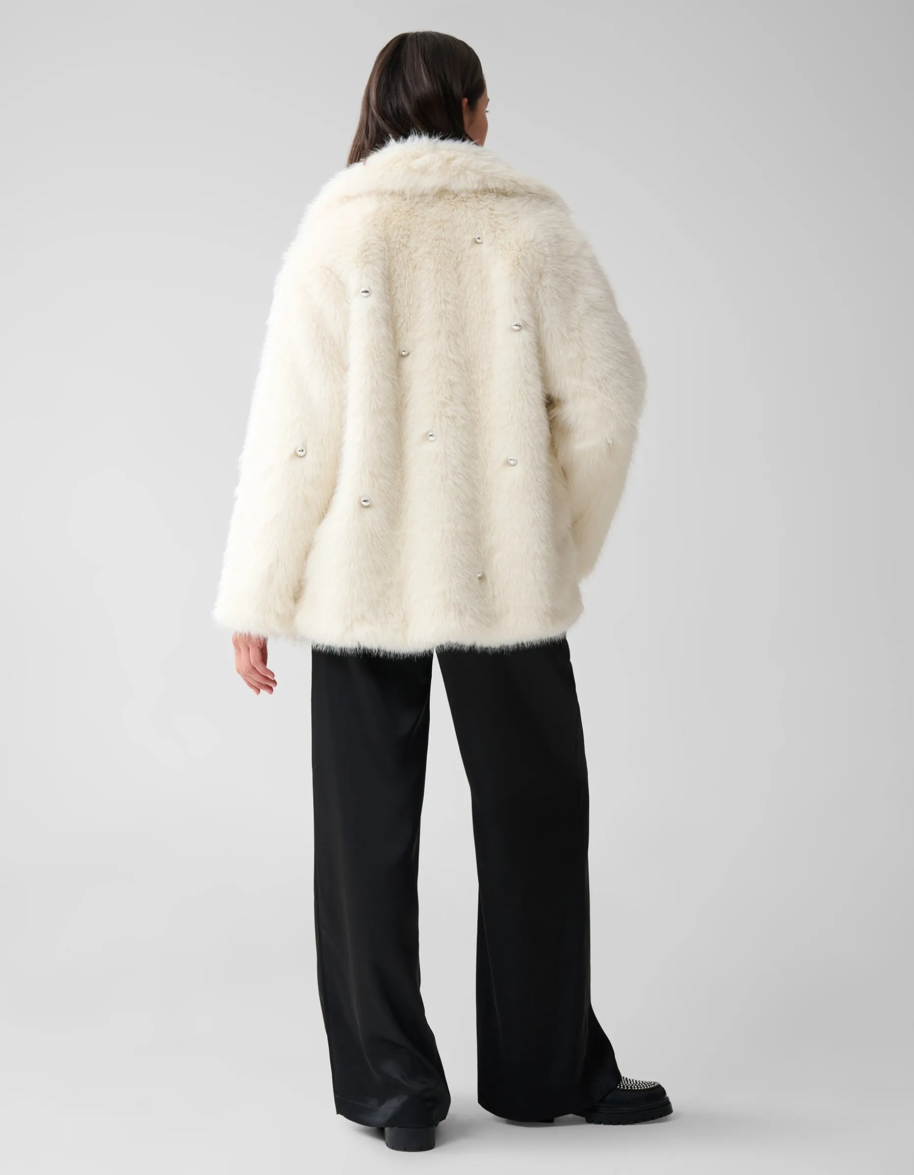 Embellished Fake Fur Jas Gebroken Wit
