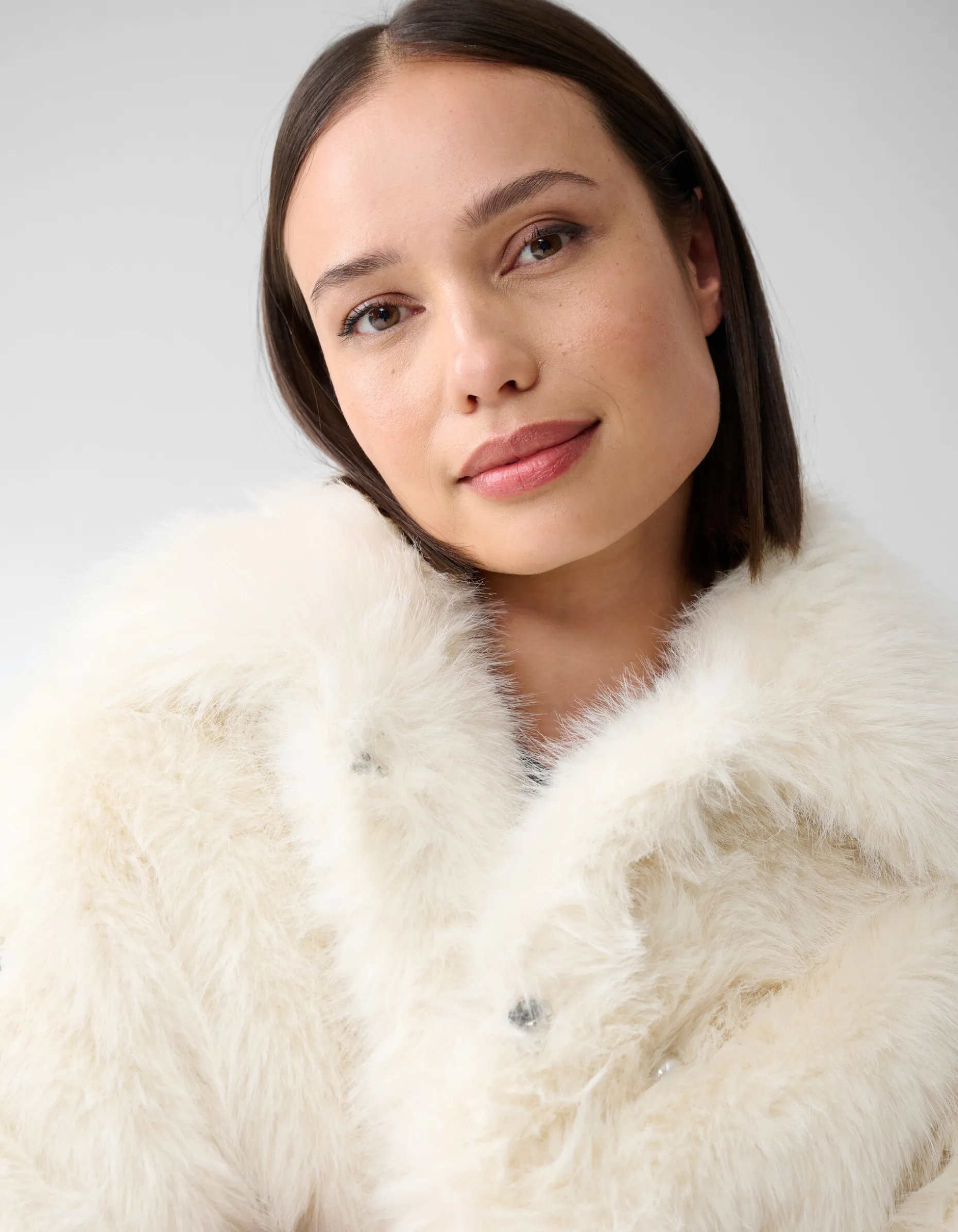 Embellished Fake Fur Jas Gebroken Wit