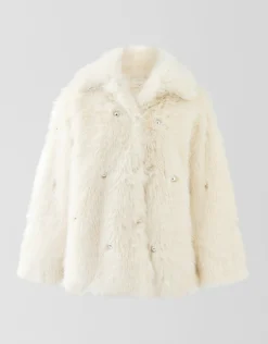 Embellished Fake Fur Jas Gebroken Wit