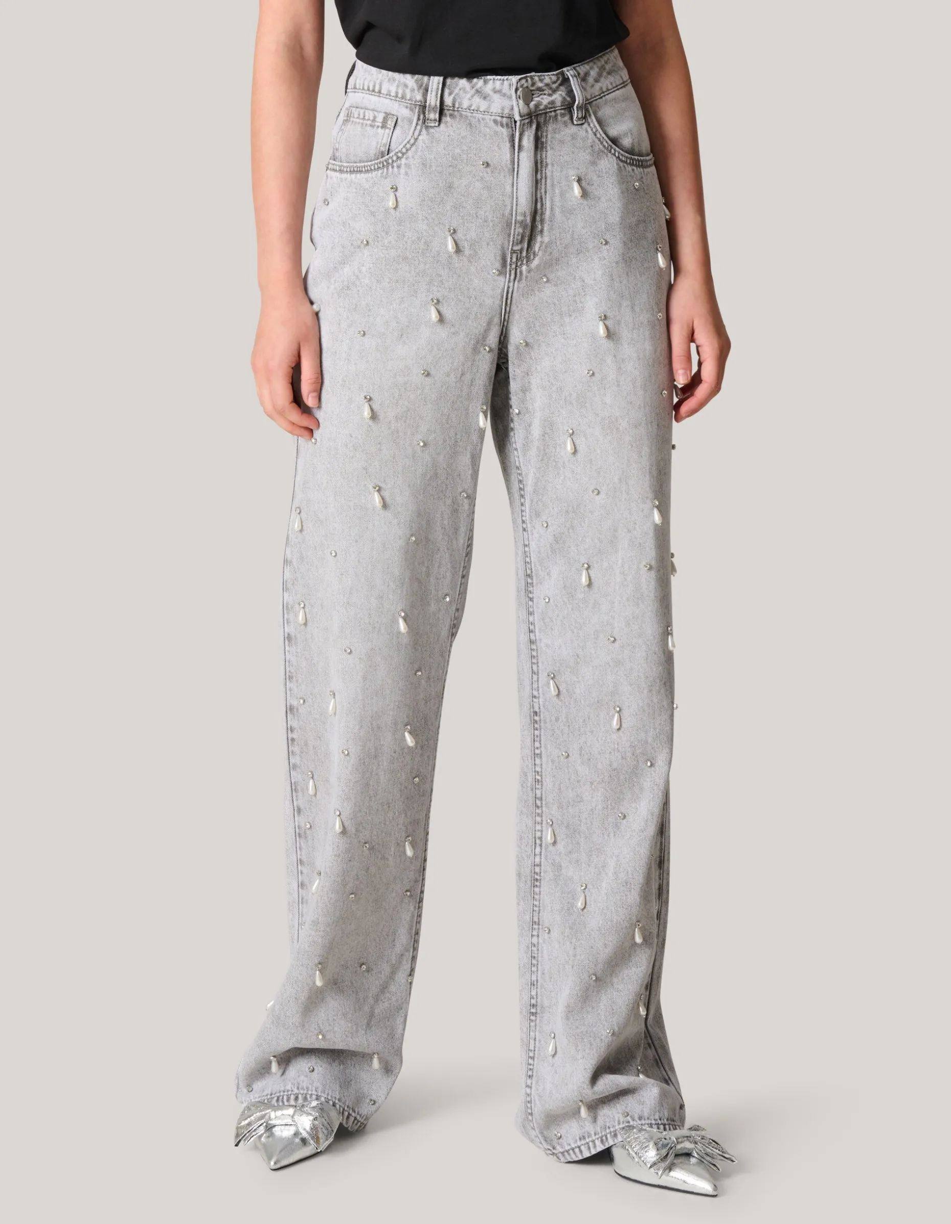 Embellished Straight Fit Jeans Lichtgrijs