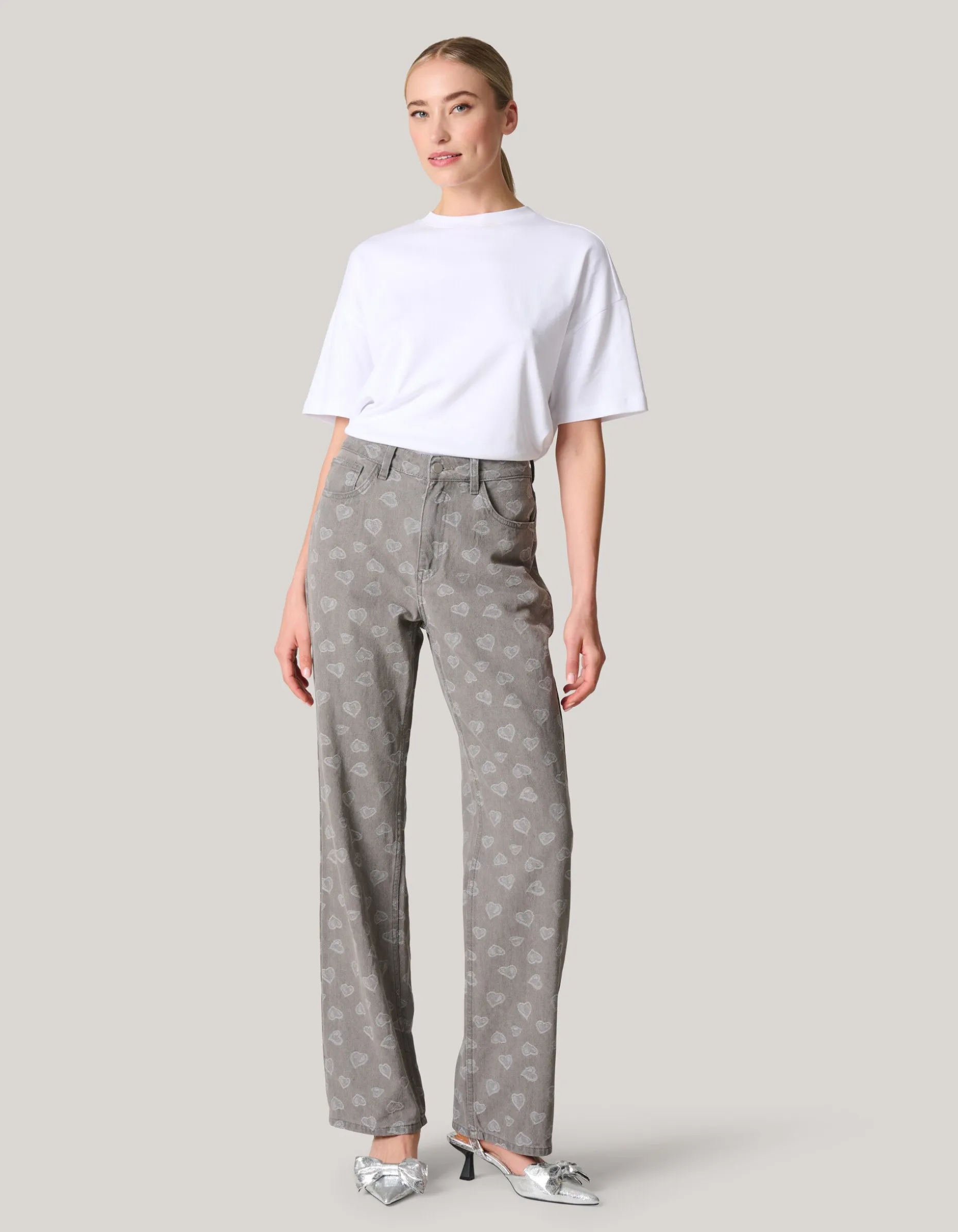 Jacquard Straight Fit Jeans Lichtgrijs