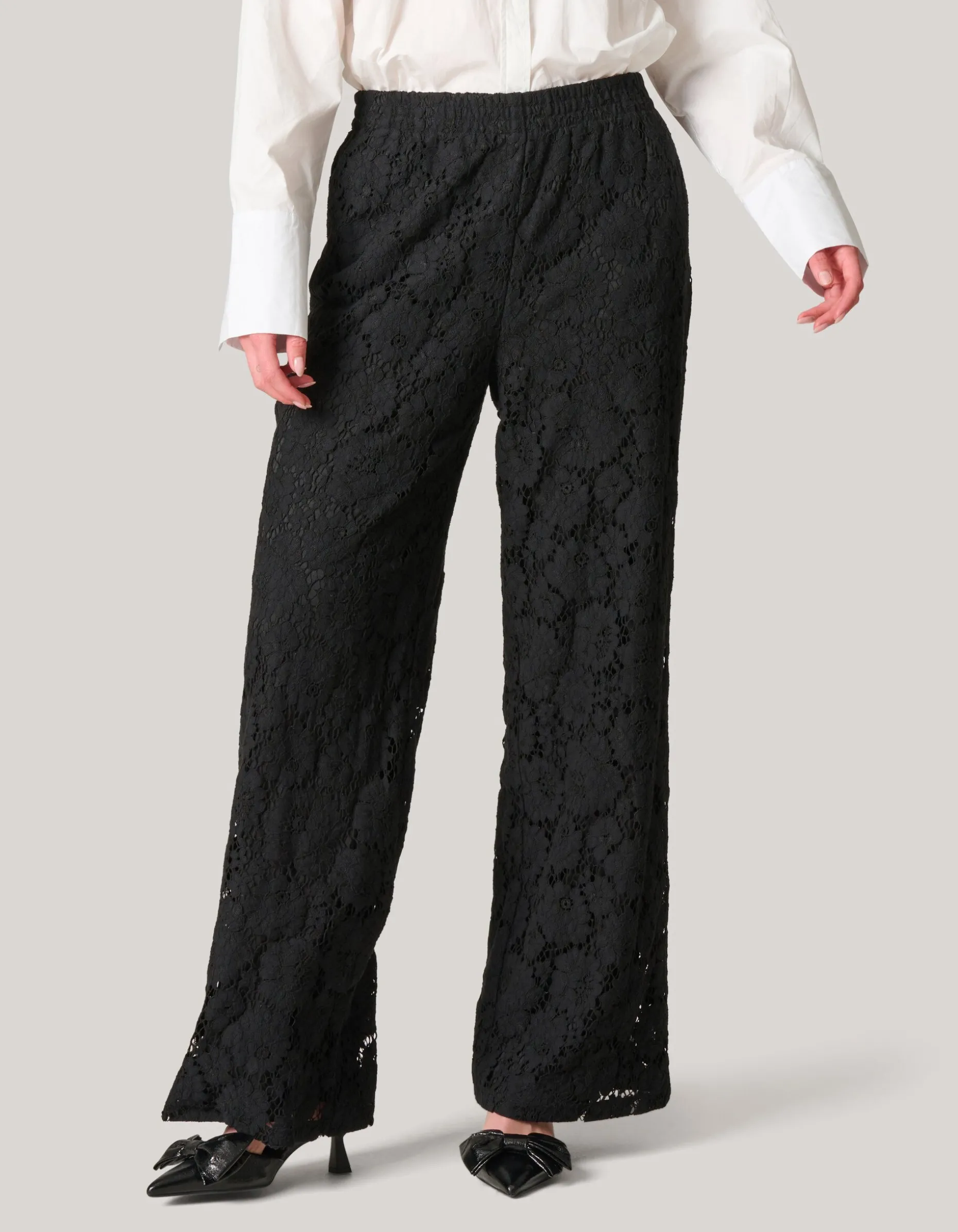 Kanten Wide Leg Broek Zwart