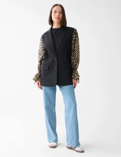 Leopard Poplin Sleeve Blazer Zwart