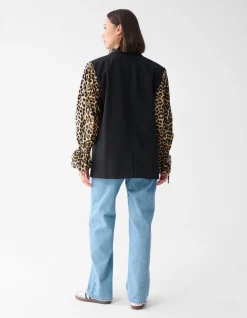 Leopard Poplin Sleeve Blazer Zwart
