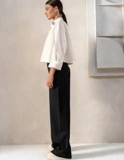 Lurex Pinstripe Wide Leg Pantalon Zwart By Mieke