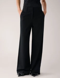 Lurex Pinstripe Wide Leg Pantalon Zwart By Mieke
