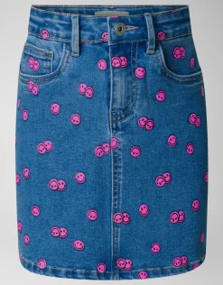 Printed Denim Mini Rok Blauw
