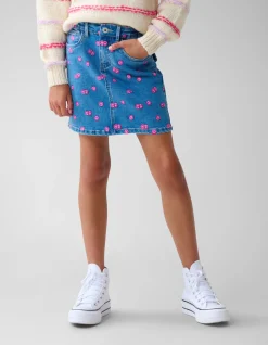 Printed Denim Mini Rok Blauw
