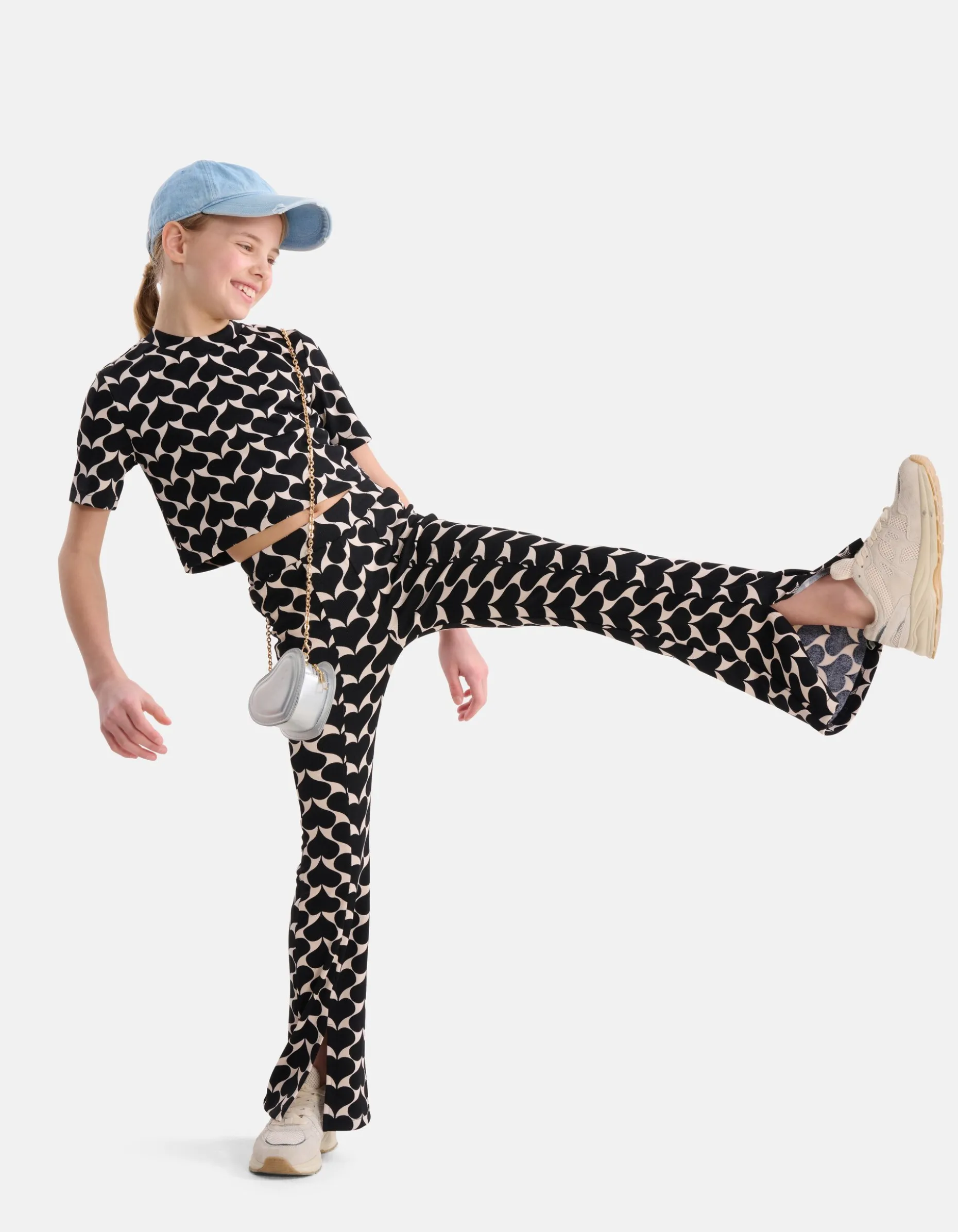 Printed Heart Split Flair Broek Zwart