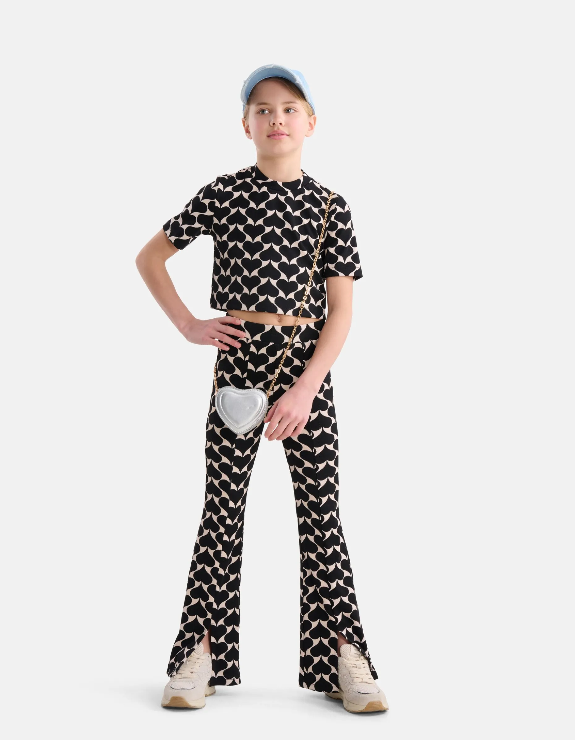 Printed Heart Split Flair Broek Zwart
