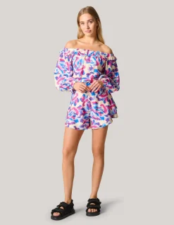 Printed Off Shoulder Top Gebroken Wit