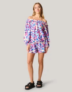 Printed Off Shoulder Top Gebroken Wit