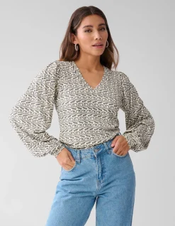 Printed Rib Jersey Top Gebroken Wit