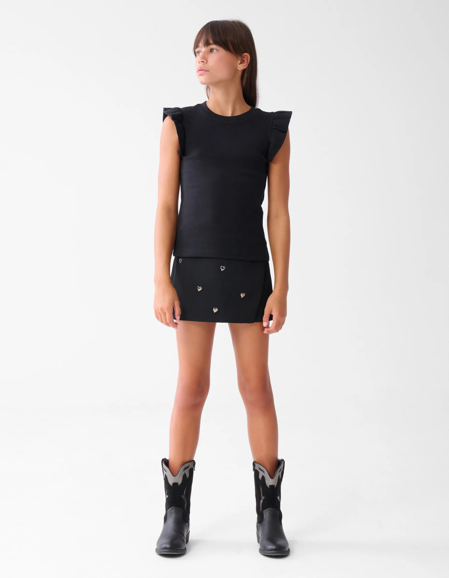Ruffle Rib Top Zwart