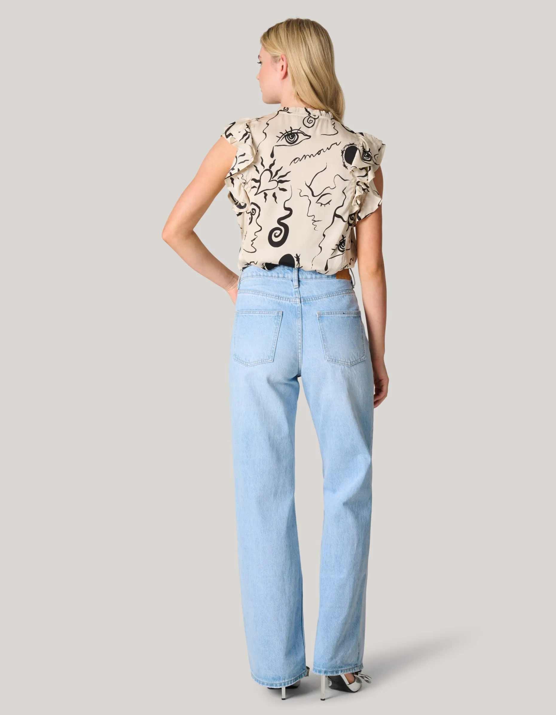 Satijnen Printed Ruffle Top Gebroken Wit