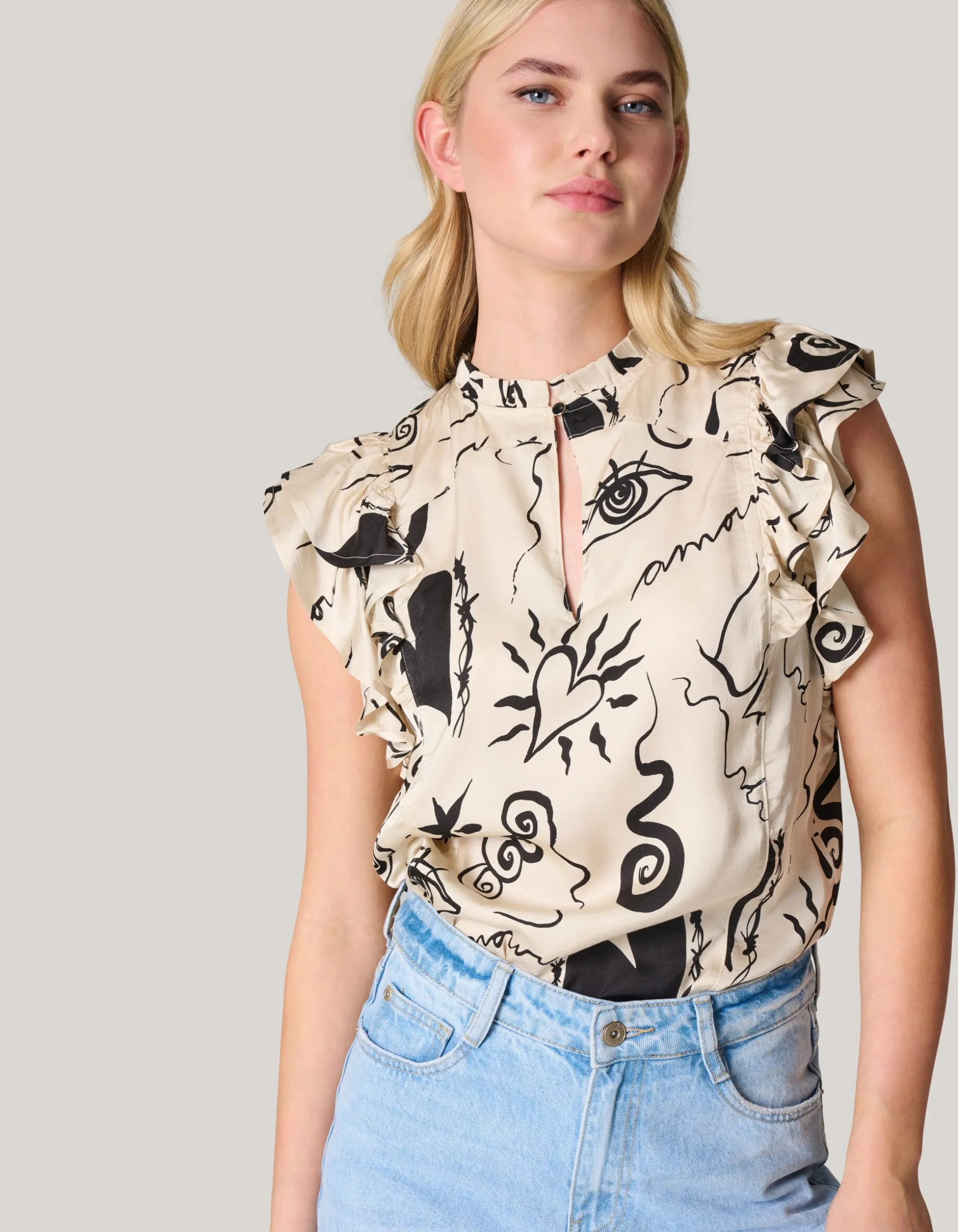 Satijnen Printed Ruffle Top Gebroken Wit
