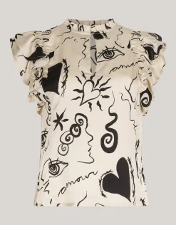 Satijnen Printed Ruffle Top Gebroken Wit