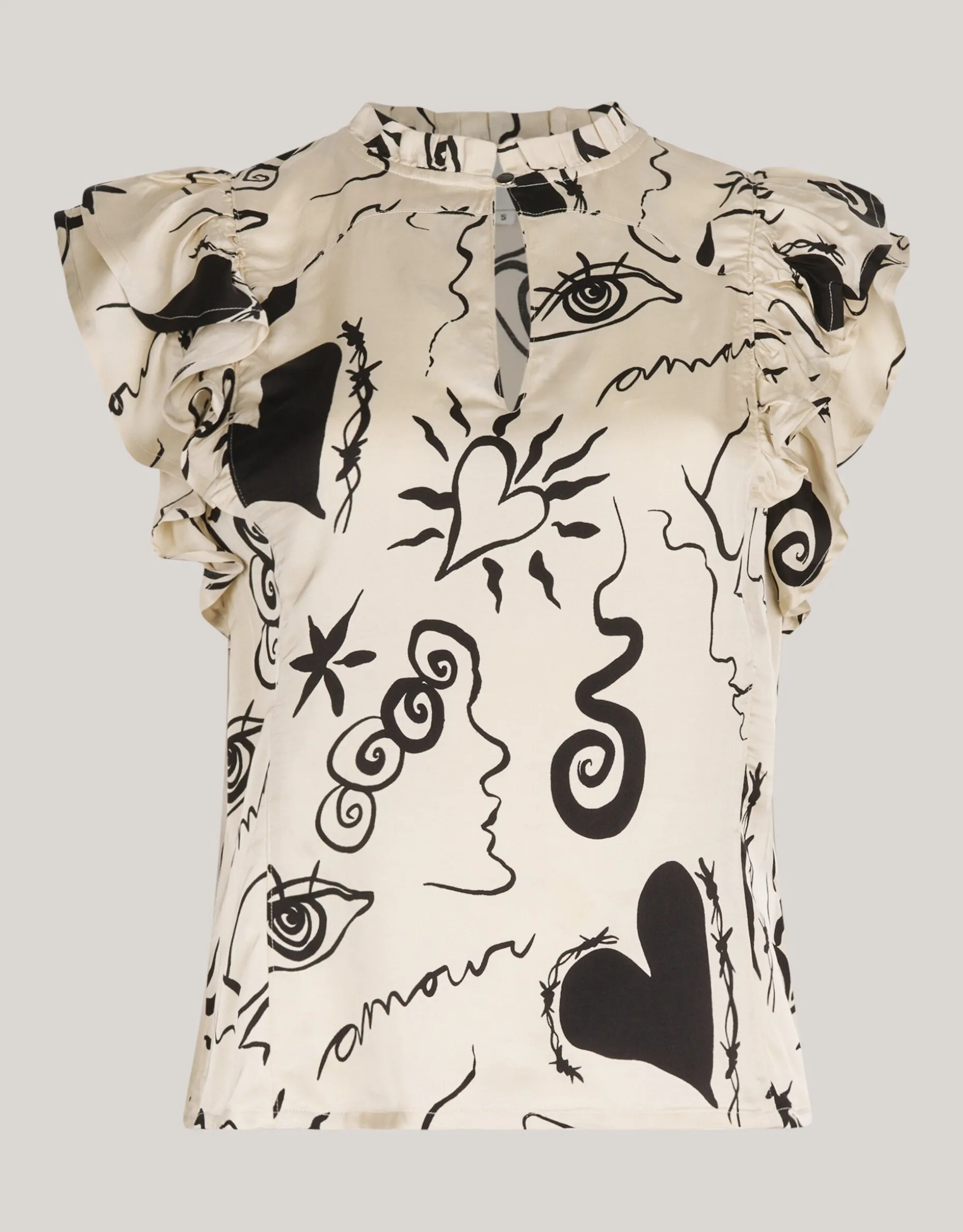 Satijnen Printed Ruffle Top Gebroken Wit