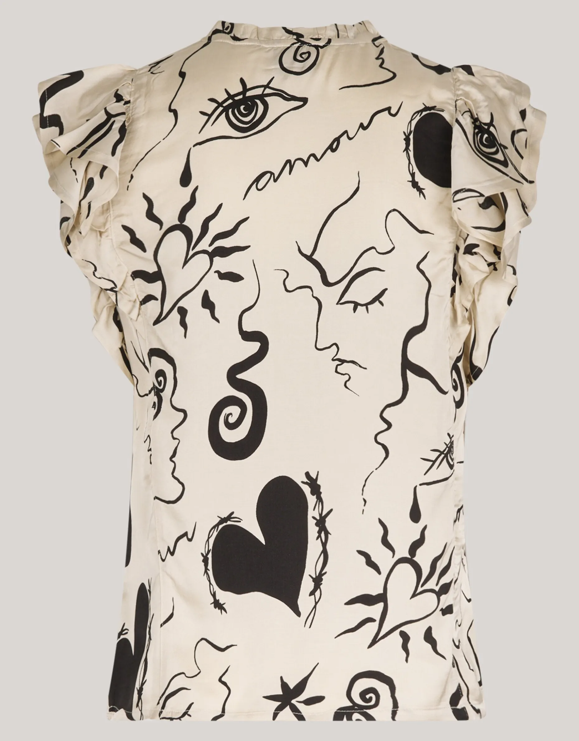 Satijnen Printed Ruffle Top Gebroken Wit