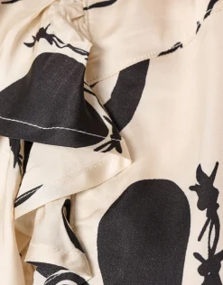 Satijnen Printed Ruffle Top Gebroken Wit