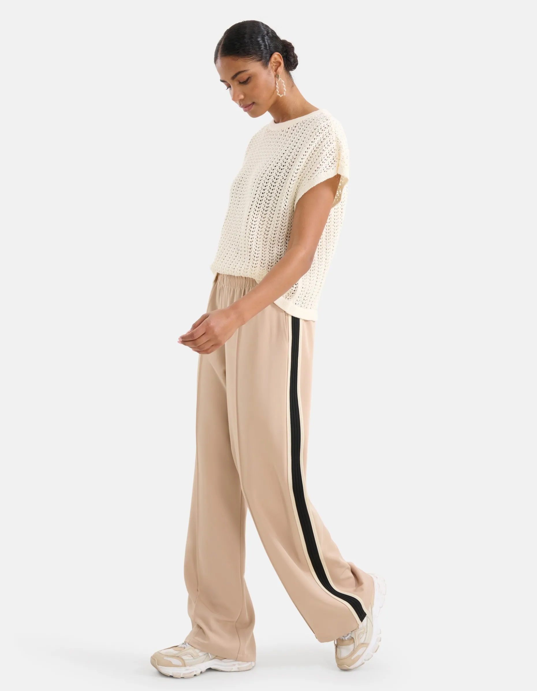 Sporty Wide Leg Broek Beige
