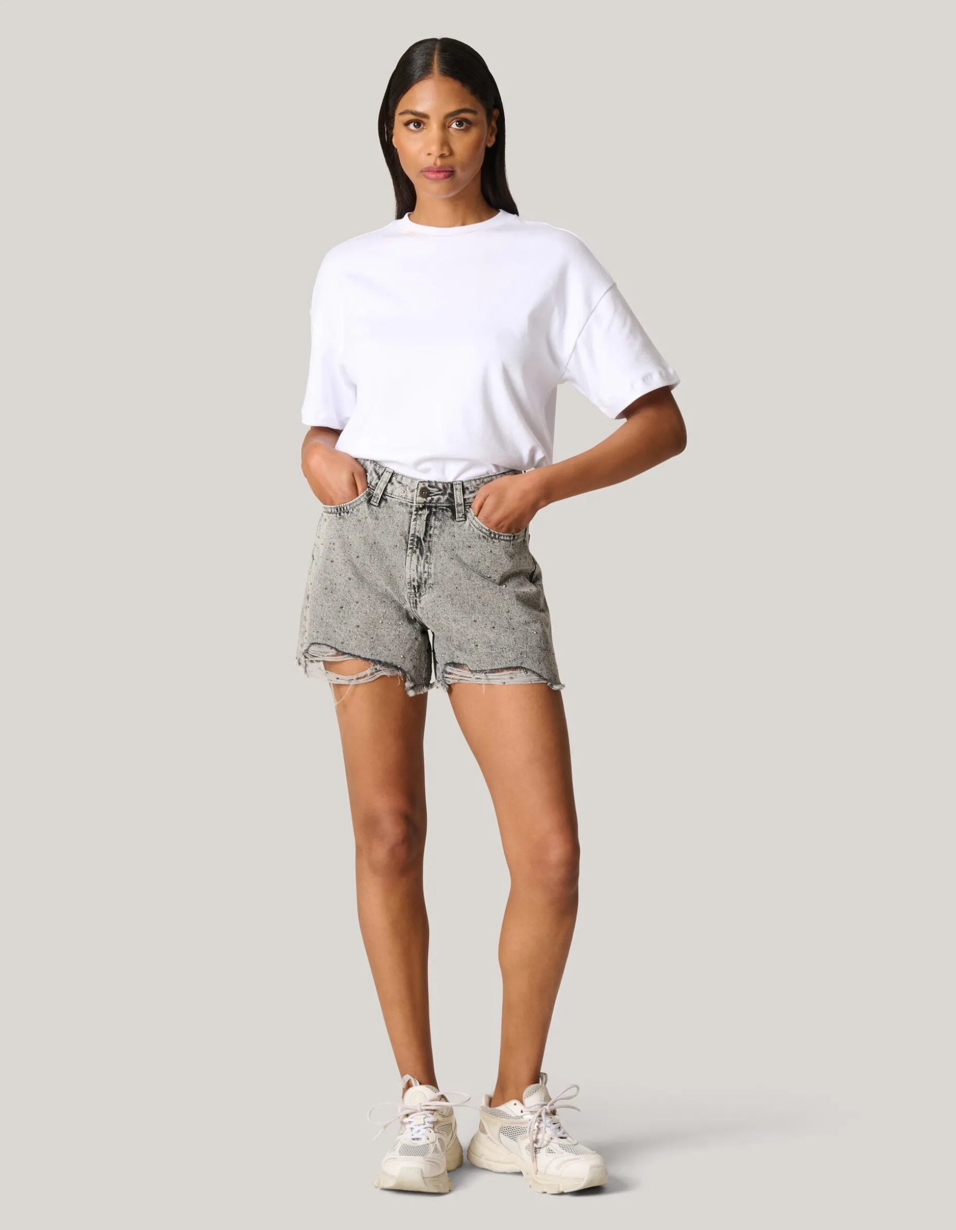 Strass Denim Short Lichtgrijs