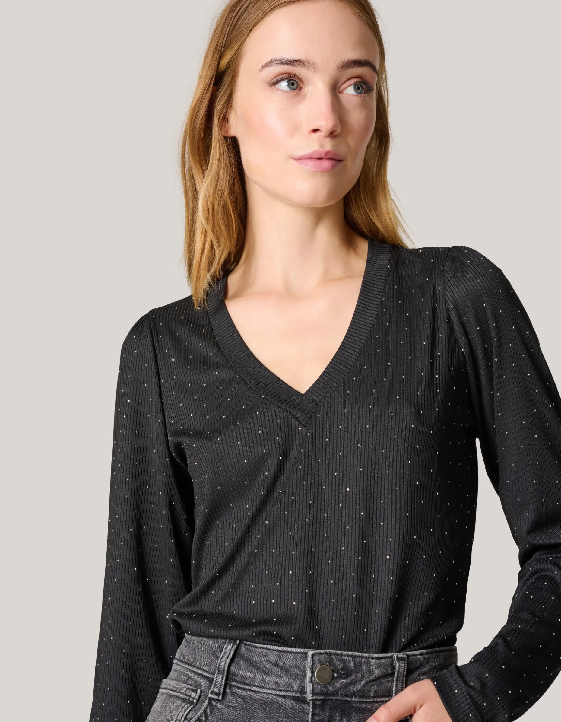 Strass Rib Jersey Top Zwart