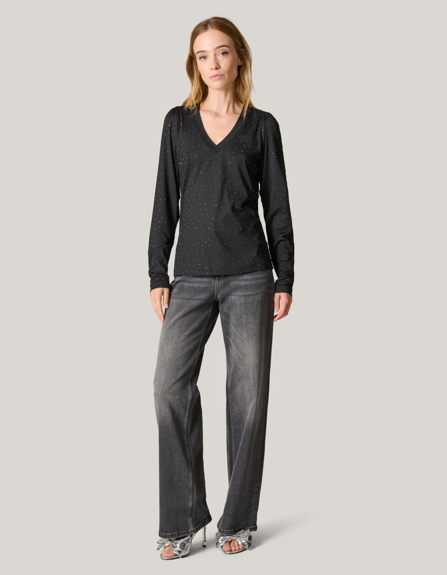 Strass Rib Jersey Top Zwart