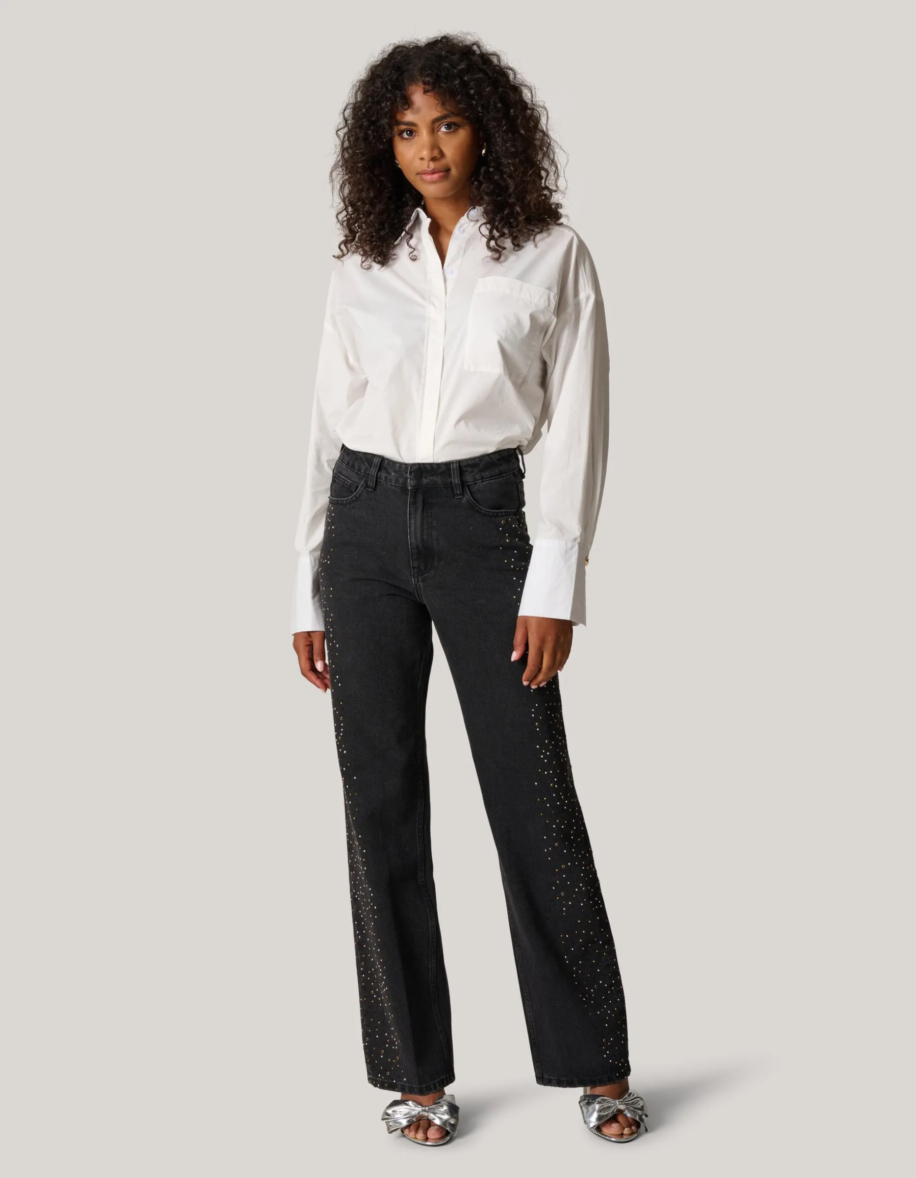 Studs Wide Leg Fit Jeans Donkergrijs